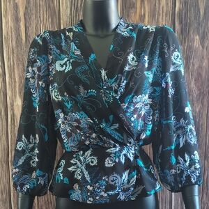 Eva Mendes New York & Company Black and Blue Floral Wrap Blouse Medium